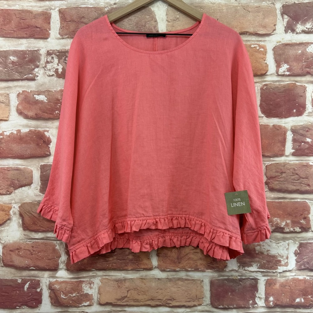 For Cynthia Top Women's 1X Pink 100% Linen Chic Ruffle Trim Casual Shirt